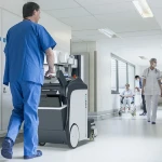 Médico manejando equipos de rayos X móviles
